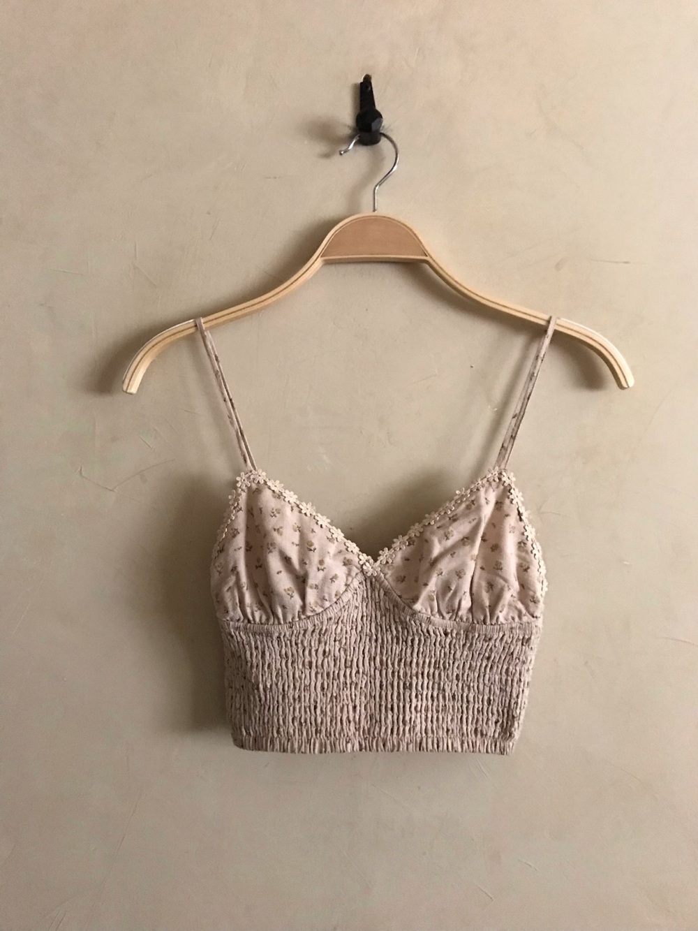 Beige Cropped Smocked Cami with Floral Trim